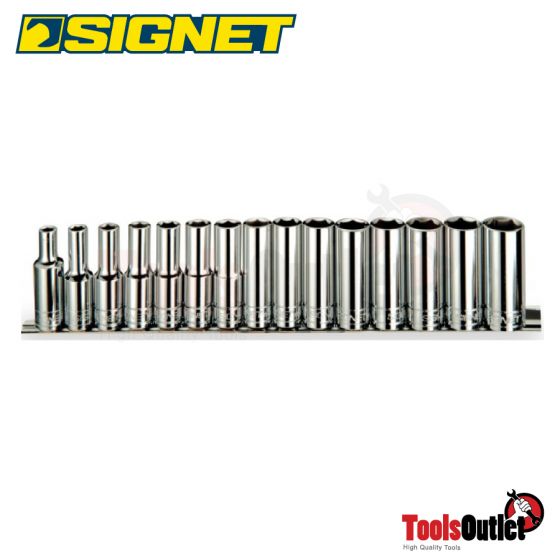 1/2" DR.15 PCS DEEP SOCKET SET (8-22MM) ON RAIL ลูกบ็อกซ์ยาว 6 เหลี่ยม SQ.1/2" ชุด 8-22 มม (15อัน) SIGNET #13450