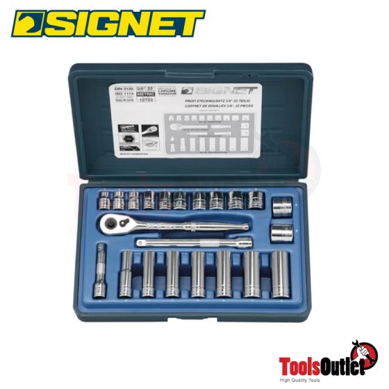 3/8” 22 PCS MM SOCKET SET W/12594 IN BLOW MOLD CASE บ๊อกซ์ชุด 22 อัน/ชุด 3/8” SIGNET #12723