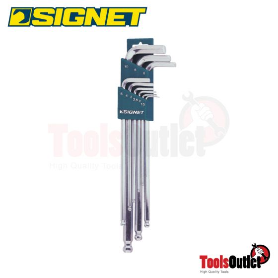 9 PC EXTRA LONG BALL HEX KEY SET MIRROR POLISH ประแจแอลหัวบอลแบบยาวพิเศษชุด 9 อัน (1.5-10 MM.) SIGNET #35228